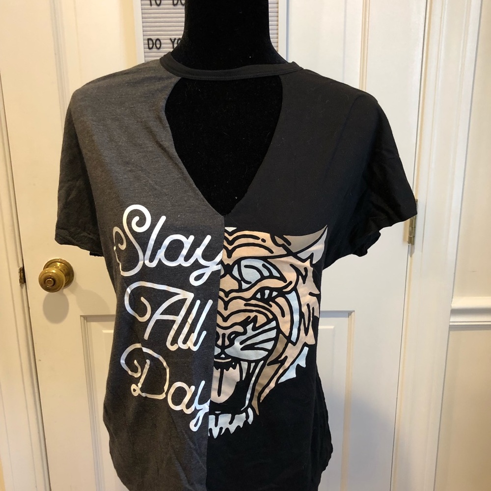 Two toned  grey & black shirt with open cleavage